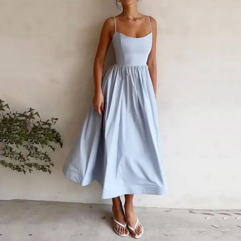 U Neck Solid Color Dress Waist Hugging Elegant Strap Dress for Women Sleeveless Loose Dresses Causal Dress