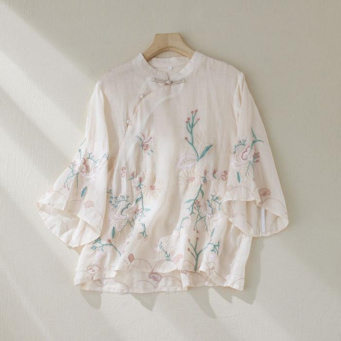 Ретро Рубашка для Женщин Летом Новое Поступление Китайский Стиль Косая Планка Пуговицы Круглый Вырез Рубашка Топ