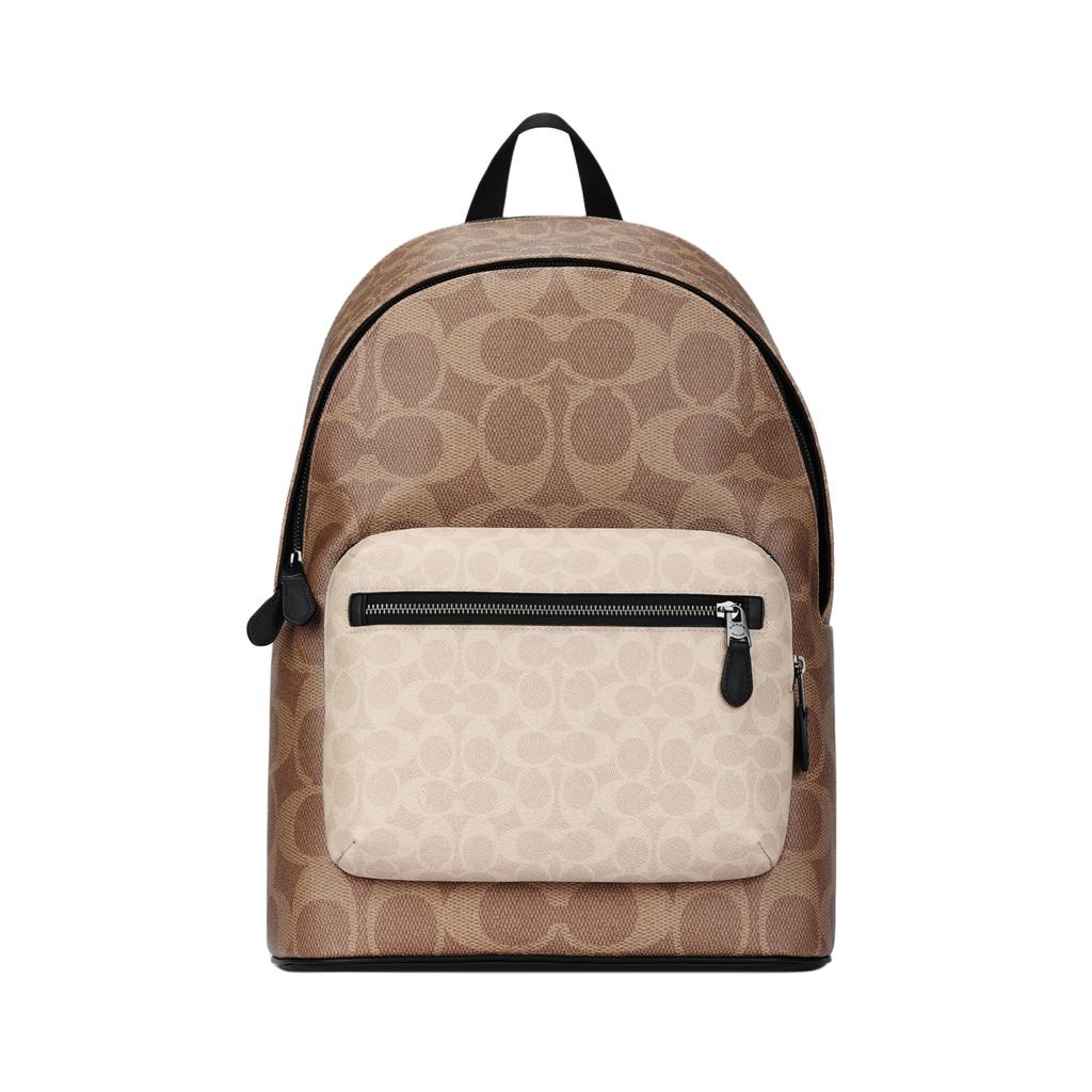 Coach Brown & Beige Signature Canvas Large Backpack with Colorblock Pocket for Daily Use