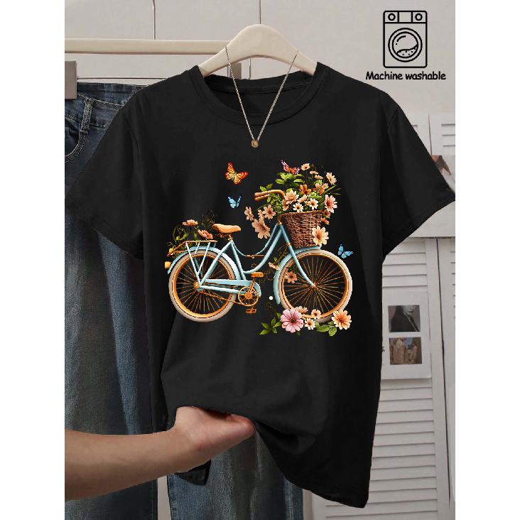 Elegant short-sleeved gift for women Flower Basket Bicycle Butterfly Pastoral Watercolor Print Pattern Vintage Round Neck T T-shirt Loose Top