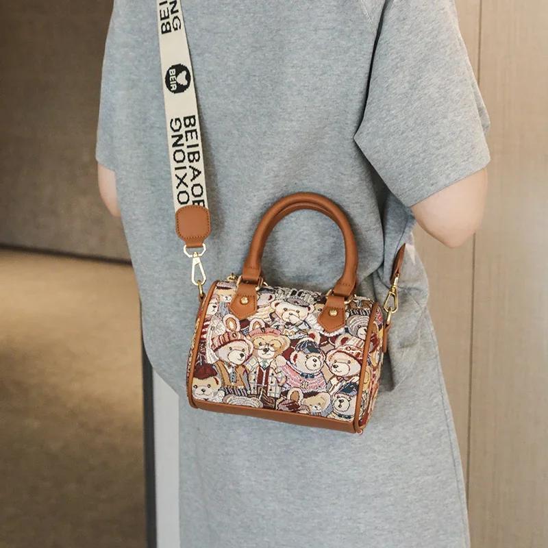 Cartoon Bear Canvas Bag for Women Crossbody Bag Complete Set of Women's Bags and Purses New Fashion
