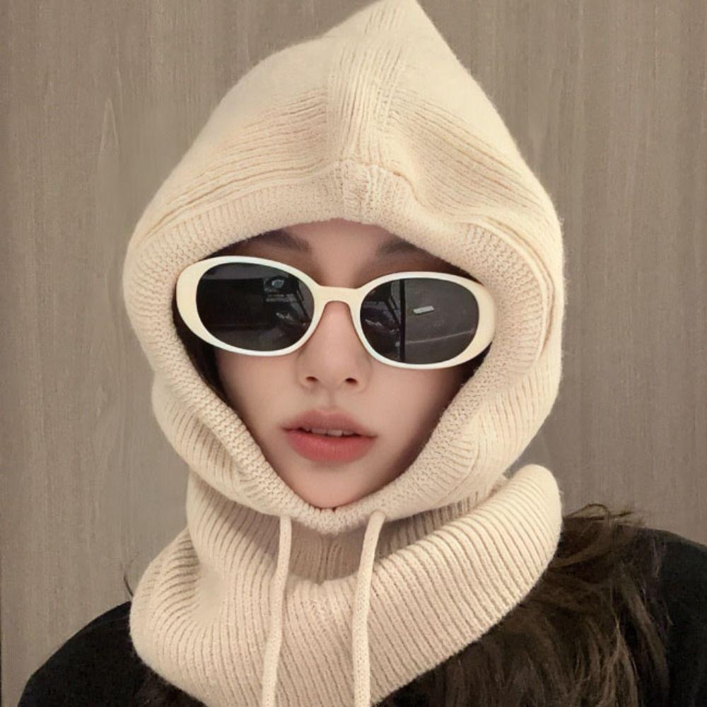 Ветрозащитная вязаная шапка с капюшоном, однотонная шапка-бини с воротником, кавайная шапка-балаклава для девочек