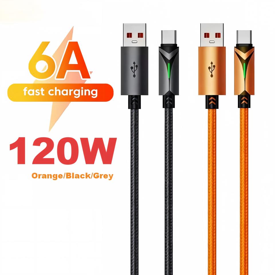 120 Вт Кабель для передачи данных USB Type C Кабель для быстрой зарядки Кабель для передачи данных Светодиодный Высокоскоростной Передающий шнур Для телефона Смартфонов Планшета Портативного аккумулятора