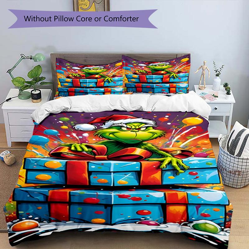 3pcs Duvet Cover Set (1*Duvet Cover + 2*Pillowcase, Without Core), The Grinch Print Bedding Set, Bedroom Decor, All‑Season, Birthday Gift