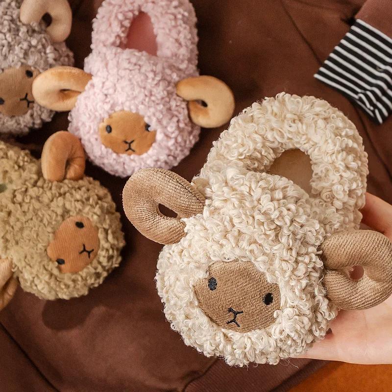 Fashion Children Cartoon Sheep Cute Shoes Soft Autumn Winter Warm Boys Girls Baby Plush Fur Non-slip Slipper Heel Wrap Home Flat Shoes
