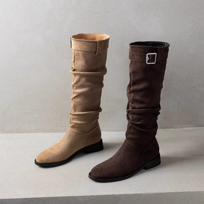 Маленькие замшевые ботфорты из коровьей кожи с длинным голенищем, новые осенне-зимние рыцарские ботинки, женская обувь