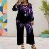 Women Plus Size Red Printed Round Neck Long Sleeve Layered Top Wide Leg Cropped Pants Two Piece Set