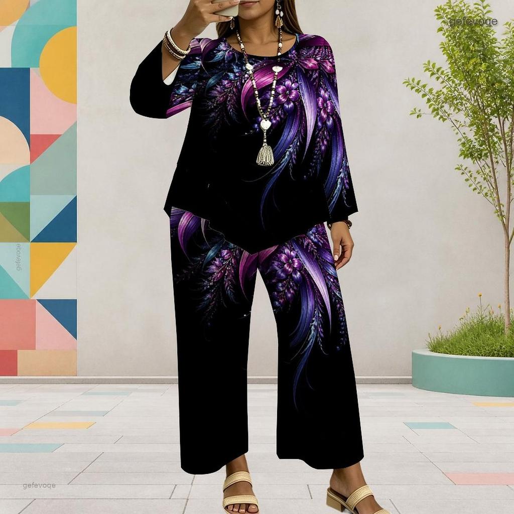 Women Plus Size Red Printed Round Neck Long Sleeve Layered Top Wide Leg Cropped Pants Two Piece Set