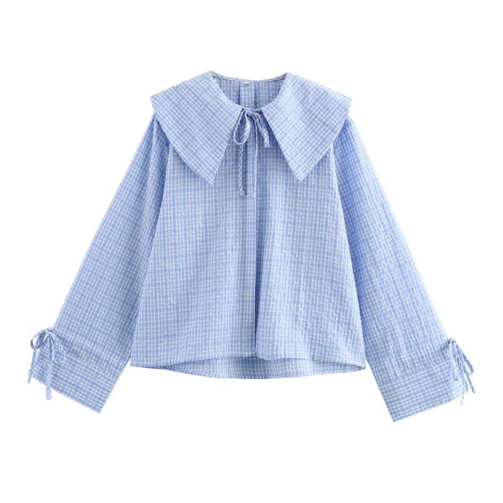 Spring 2025 Women's European & American Plaid Tie-Up Peter Pan Collar Shirt