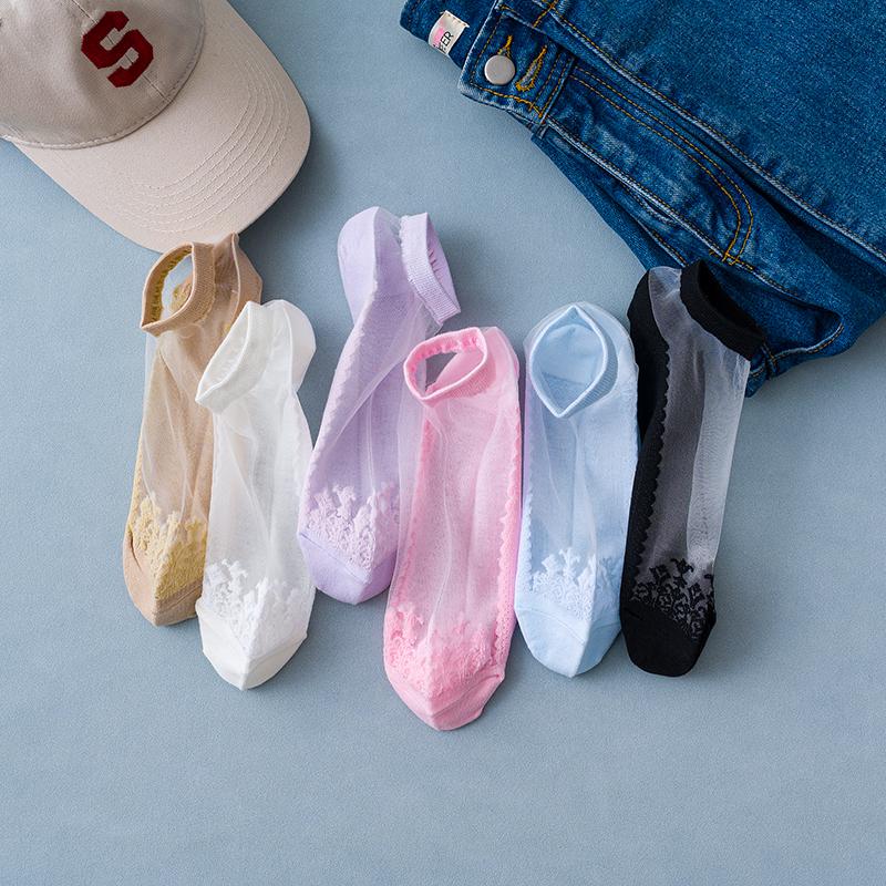 6 пар Новинки Женские носки Весна Лето Цветочные кружевные короткие носки Мягкие шелковые тонкие прозрачные носки Однотонные милые носки до щиколотки