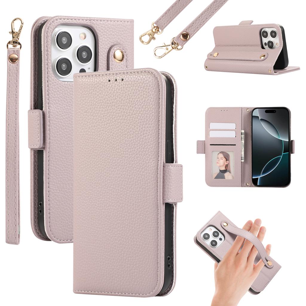 For iPhone 15 Pro Max Leather Case with Card Holder,Straps,Shockproof Wallet Phone Cover