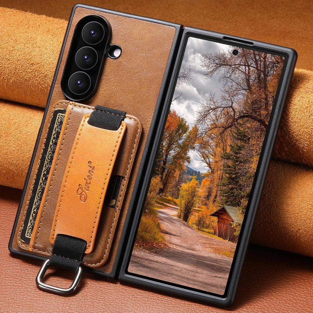 SUTENI Leather Case for Samsung Z Fold 7/6/5: Oil Wax Texture with Wrist Strap, Card Slot & Stand Feature