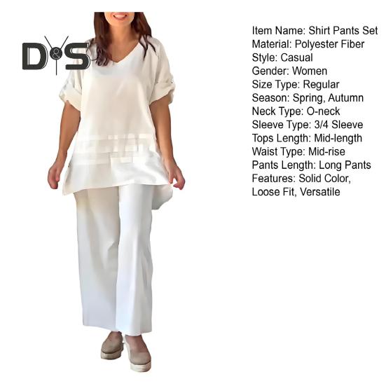 2Pcs/Set Women Casual Outfit O-neck 3/4 Sleeve Mid-length Tops Elastic Waist Wide Leg Long Pants Set Solid Color Loungewear