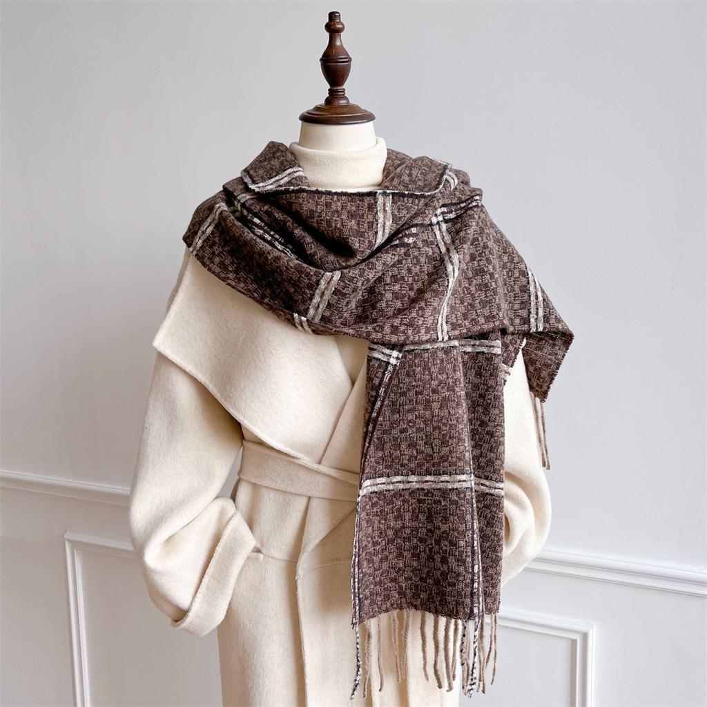 White Plaid Polyester Fringed Scarf Female Autumn And Winter Couple Warm Versatile Skin-Friendly Atmosphere Scarf