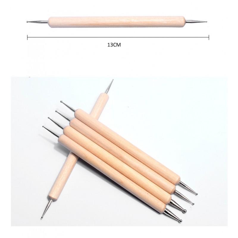 5-Piece Wooden Handle Nail Art Dotting Tool Set Polka Dots Rhinestones Flower Patterns Gel Polish Design