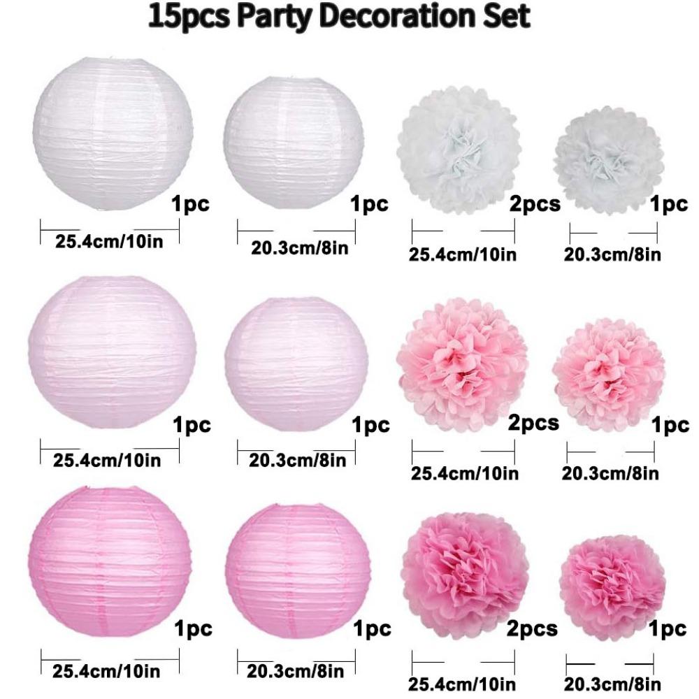 15Pcs Party Pack Paper Lanterns and Pom Pom Balls Hanging Decoration for Wedding Birthday Baby Shower