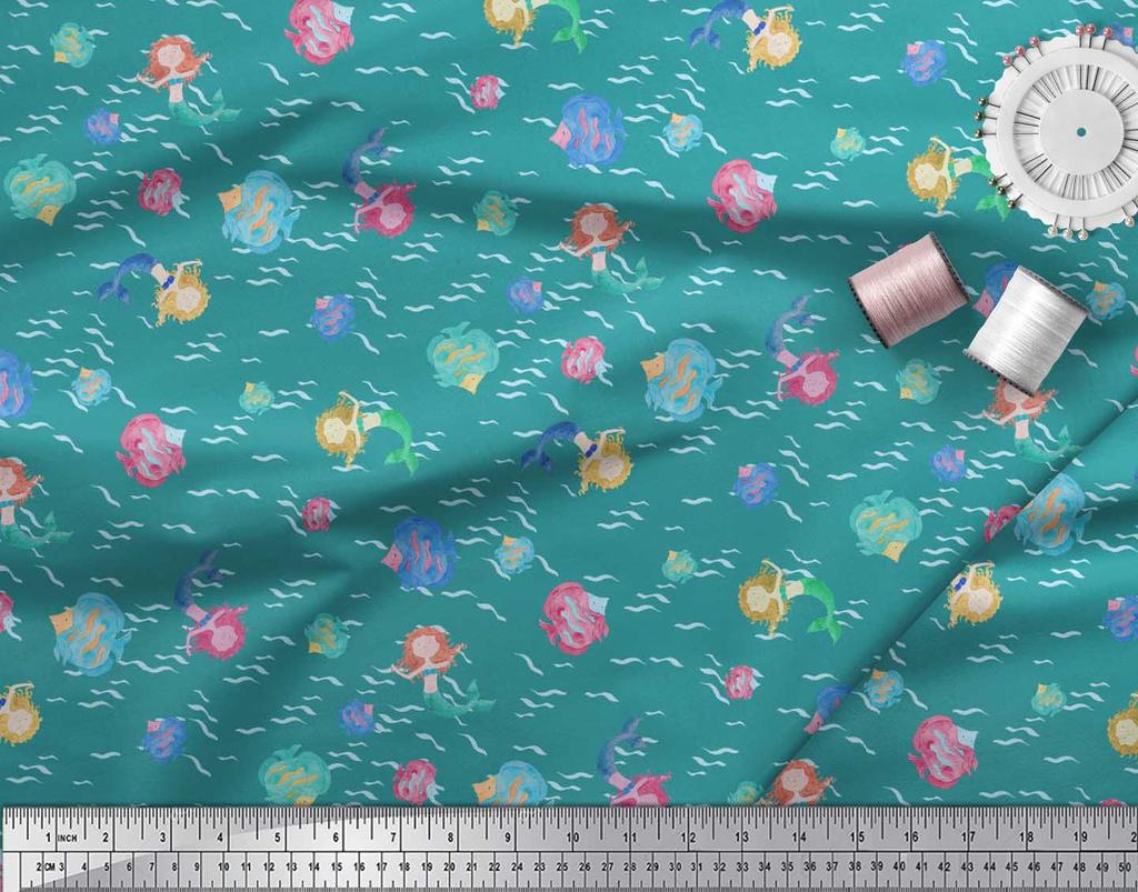 Soimoi Синяя полиэстеровая креповая ткань с принтом «русалка и морская звезда» на метры 42 дюйма