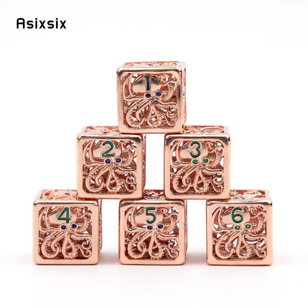 6 Pcs Light Red Squid Metal Dice Hollow Metal Polyhedral Dice Set Suitable for Role-Playing RPG Board Game Card Game