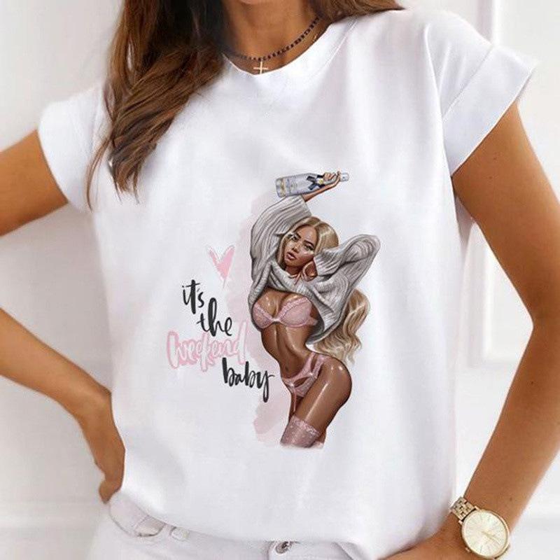 Summer Floral Girl Printed Base Shirt Cute Cartoon Round Neck Plus Size Pure Cotton Short Sleeved Top T-Shirts Women’s