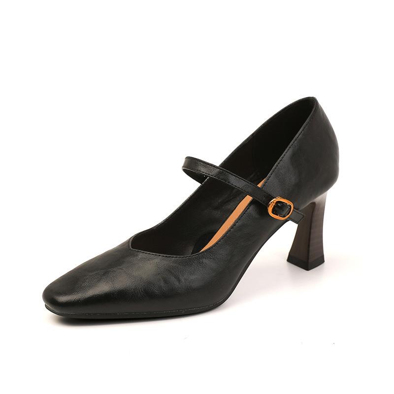 Французские туфли на высоком каблуке женские ретро-стиль минималистичные черные туфли Мэри Джейн с пряжкой в виде одного слова и юбкой туфли на толстом каблуке одинарные