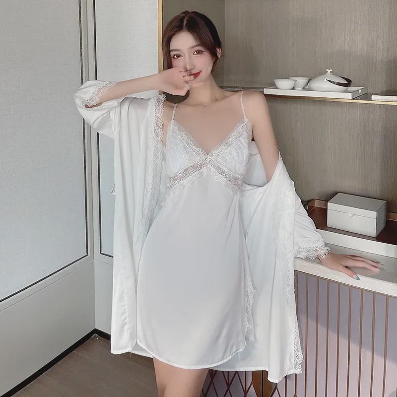 Lace Hollow Temptation Ice Silk Suspender Nightdress & Robe Set with Chest Pad