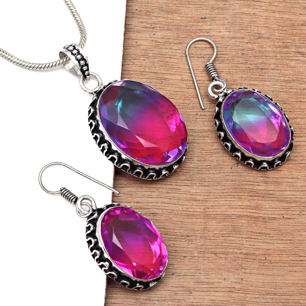 Tourmaline Set Gemstone Gift Wedding Party Bi-Color Pendant,Earring,Ring