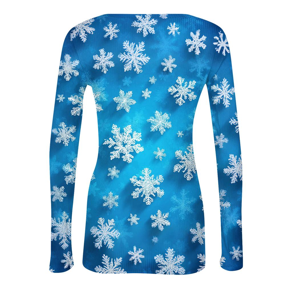 Women's Fashion Slim-Fit Round Neck Base Layer T-Shirt Christmas Print Long-Sleeved Top