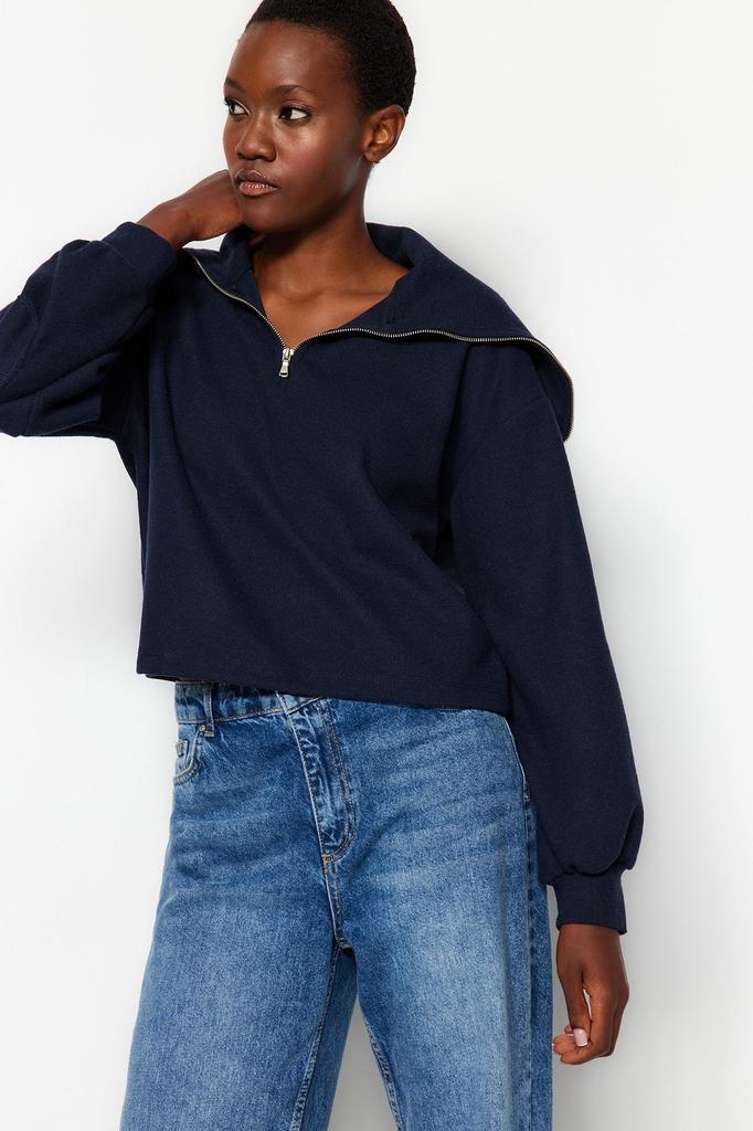 Women's Fashionable Stylish Sweatshirt Emerald Green Thessaloniki Knitwear Look Polo Neck Zippered Regular Knitted Sweatshirt