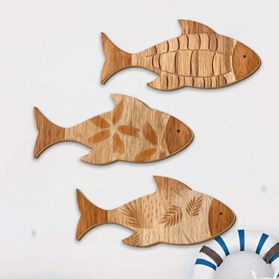 3Pcs/Set Bathroom Fish Wall Decoration, Rustic Wooden Fish Wall Art Sculpture, Nautical Wall Hanging Ornament for Beach Lake House