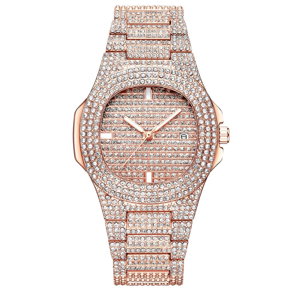 Women's Diamond-Studded Gold Fashion Square Watch with Rhinestone Calendar & Steel Band