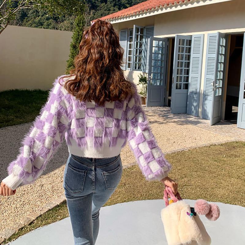 Kawaii милый укороченный свитер, кардиган, женский корейский стиль, фиолетовый клетчатый кашемировый свитер из искусственной норки с v-образным вырезом, кружевной лоскутный свитер