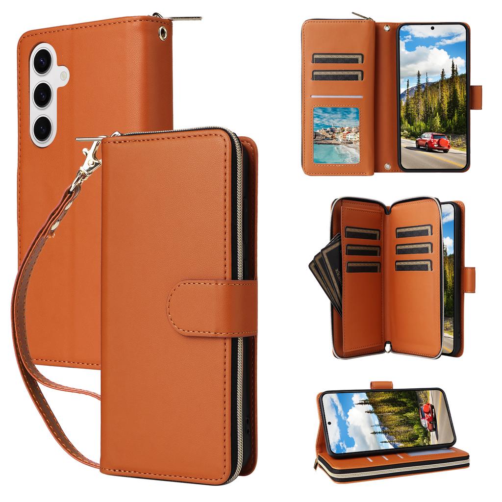 R20 For Samsung Galaxy S24 Case Zipper Leather Phone Cover with 9 Card Slots