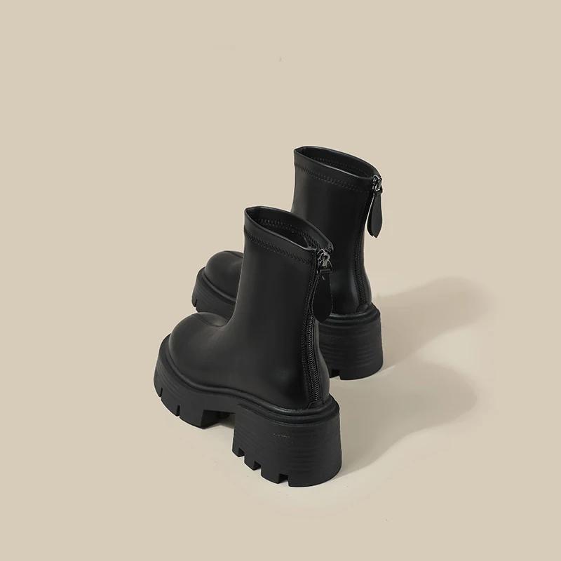 Винтажные зимние женские ботильоны на платформе, модные молнии сзади, толстый каблук, эластичные современные короткие ботильоны, лаконичная женская обувь