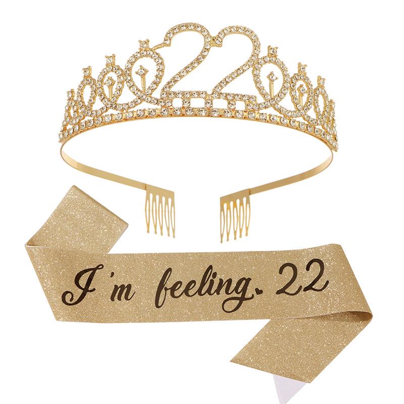 22nd Birthday Glitter Alloy Crown & Sash Set - Party Hair Accessories & Decor