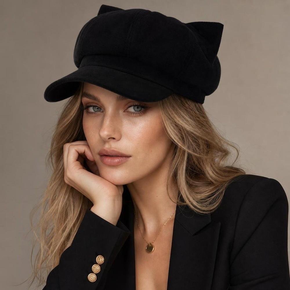 Adjustable Newsboy Cap Solid Color Octagonal Hat Cute Cat Ear Beret Women