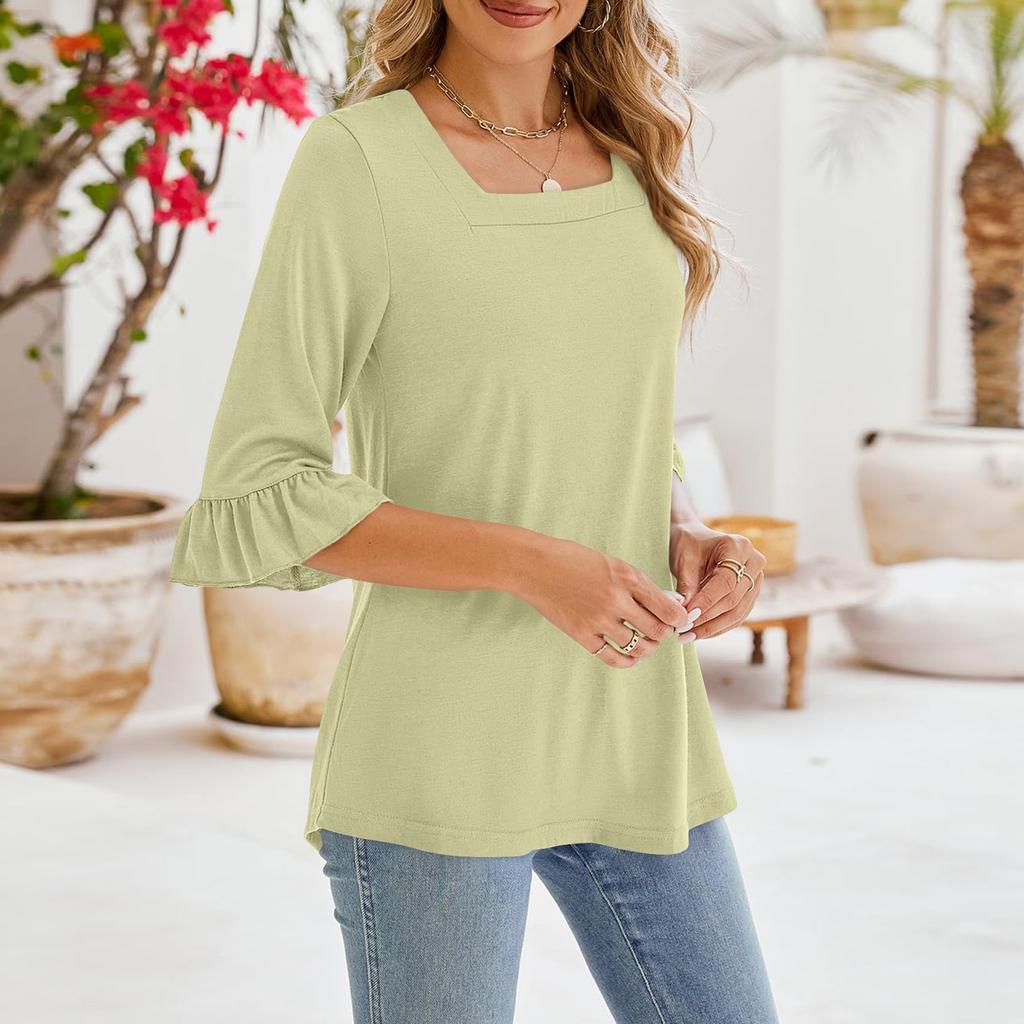 Women's Casual 3/4 Sleeve Tops Summer Square Neck T Shirts Ruffle Loose Fit Tunic Blouses