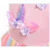 Rainbow Mesh Unicorn Evening Tutu Dress, Flower Girl Kids Birthday Carnival Performance Gown