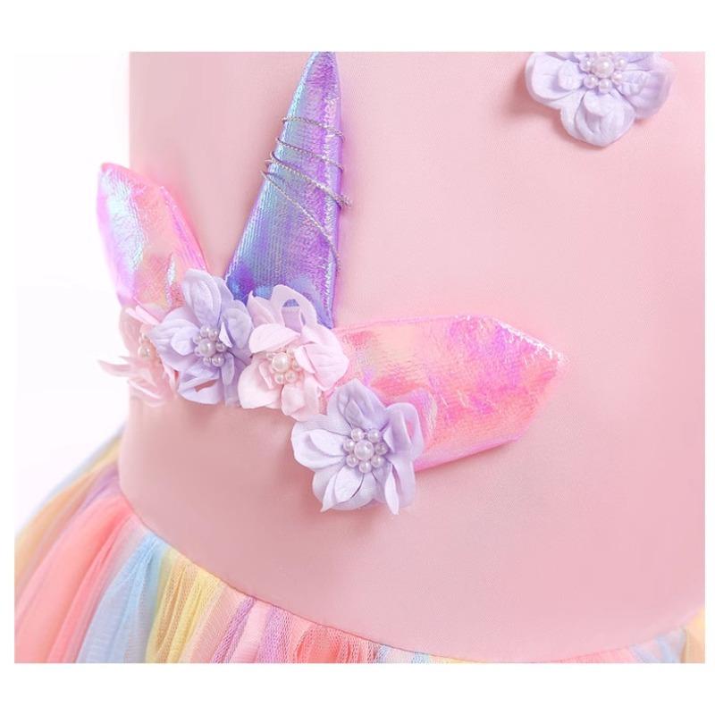 Rainbow Mesh Unicorn Evening Tutu Dress, Flower Girl Kids Birthday Carnival Performance Gown