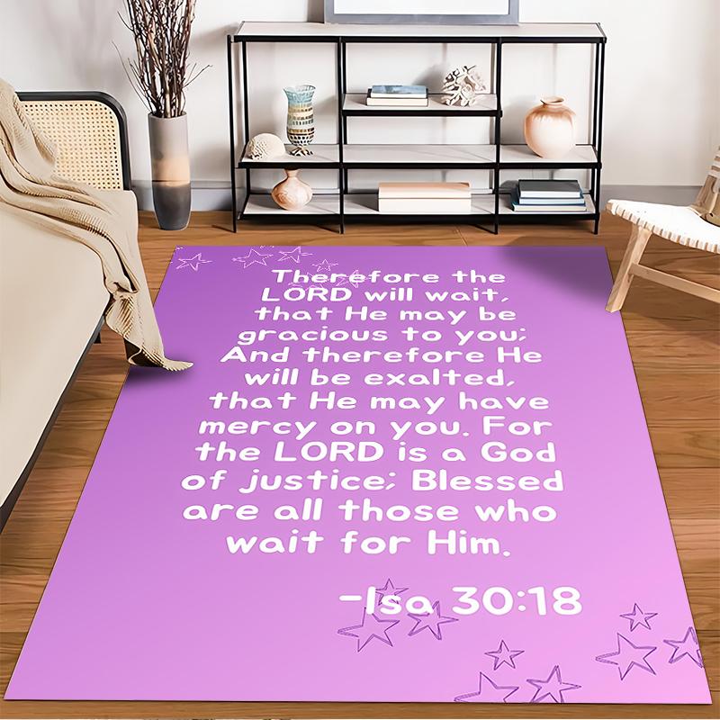 Inspirational Purple Rug with Bible Verse Non-slip rug suitable for living room and bedroom sofas.