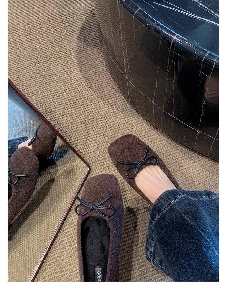 Autumn and Winter Bow Plush Warm Shallow Mouth Ballet Single Shoes Gentle Soft Waxy Plush Square Head Ballet Ladyshoes Women