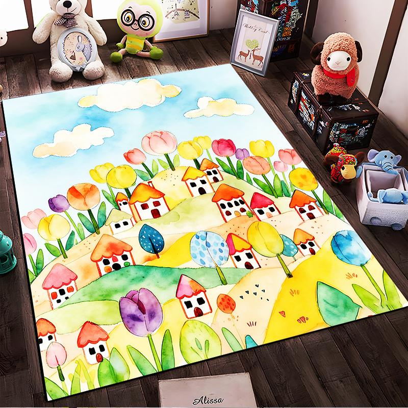 Colorful Carpet with Tulip Field and Cute Village Houses Artwork Suitable for use as an anti-slip for living room bedroom sofas