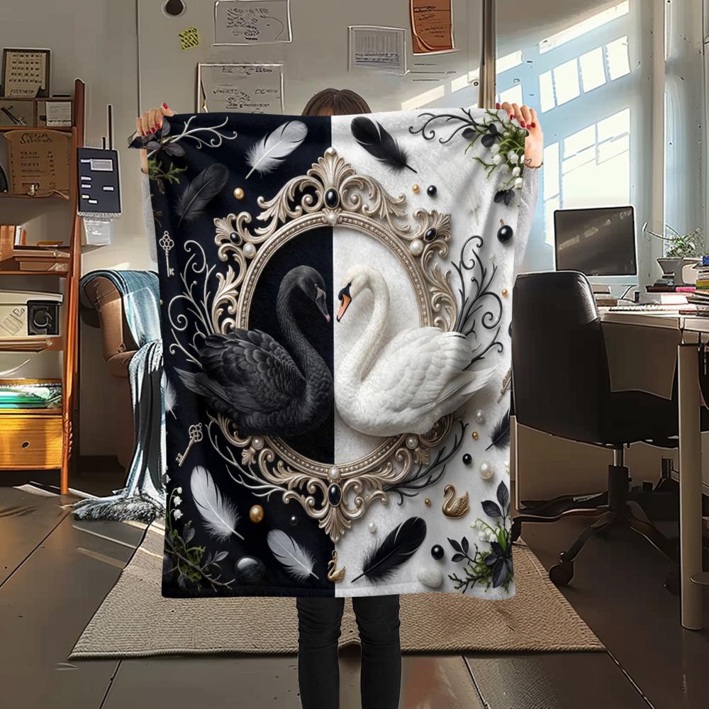 1Pc Black&White Swan Print Flannel Blanket, High quality Comfortable for All Seasons, Home Decor, Warmth and Comfort, Perfect for Christmas Gifts W33