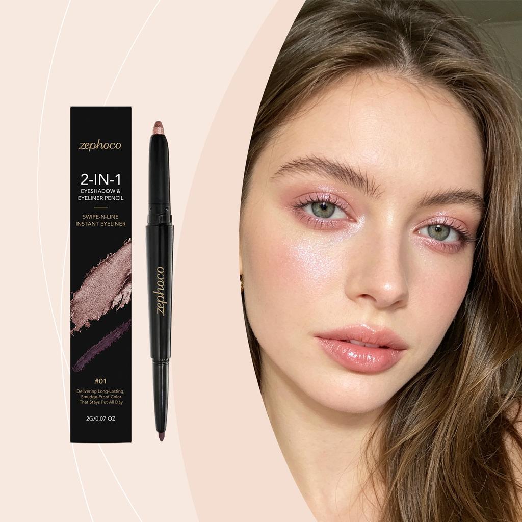 Zephoco Dual-Ended Eyeshadow and Eyeliner Pencil Bronze Wine Red Smooth Application Natural Color Payoff Smudge-Proof Waterproof 2-in-1 Eye Makeup