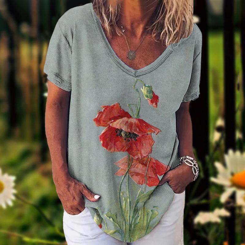 Новинка 2023 года, женская футболка, летние винтажные топы с цветочным принтом, повседневная блузка с v-образным вырезом, модный женский пуловер большого размера, женская одежда
