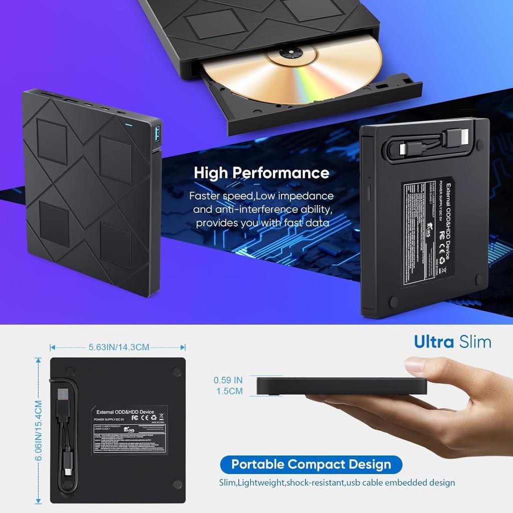 Внешний CD/DVD привод с 2 USB-портами, 2 портами Type-C и слотами для карт TF/SD. Портативный CD DVD пишущий плеер для ноутбука, настольного ПК