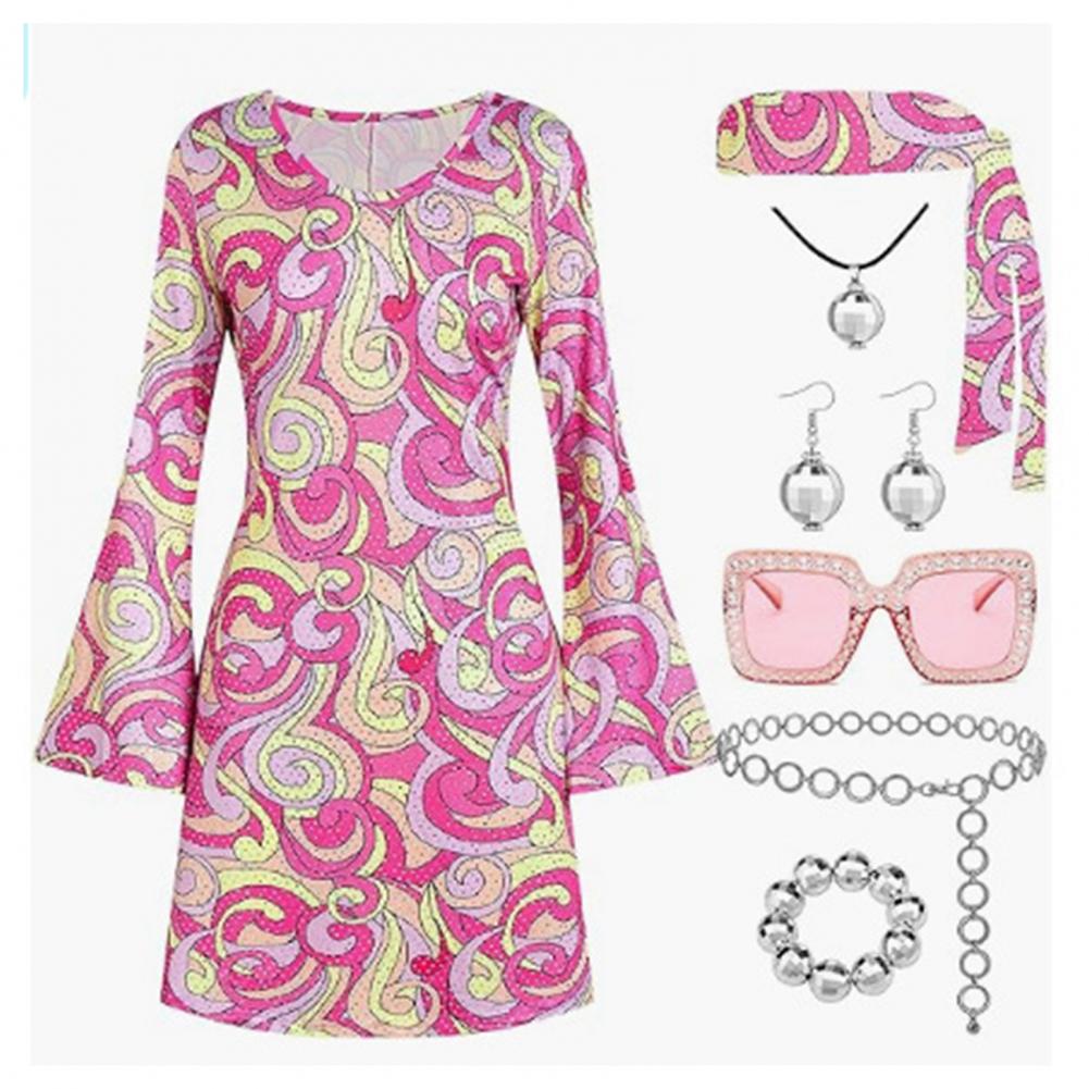 Женский комплект с платьем и повязкой на голову, ретро-платье с пайетками и рукавами-колокольчиками для женщин, костюм для Хэллоуина, диско-танцевальная вечеринка с повязкой на голову