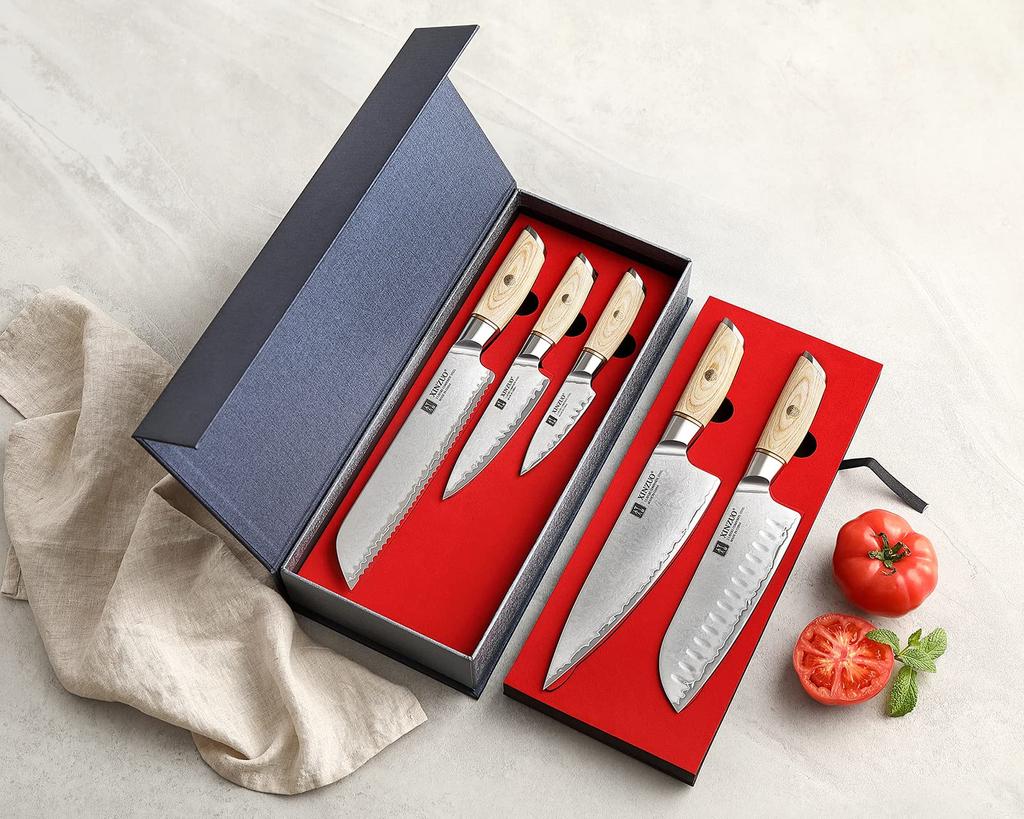 XINZUO Composite Steel 5Pcs Kitchen Knife 3 Layer Clad Steel Chef Knife Set 10Cr15CoMoV Steel Professional Sharp Cooking Knife Stainless Steel Knife