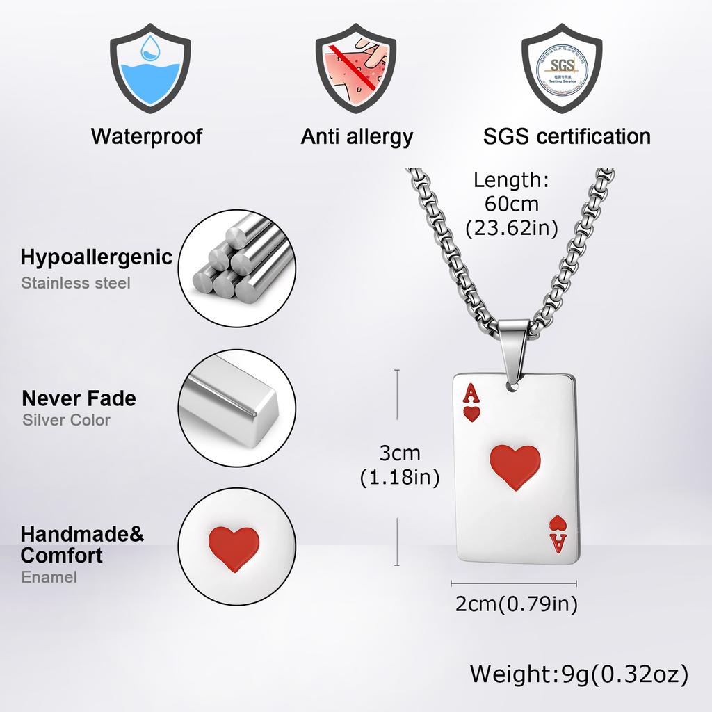 Hip Hop Ace of Spades Poker Card Pendant Necklace for Men Stainless Steel Ace of Hearts Playing Cards Necklace Jewelry Gifts