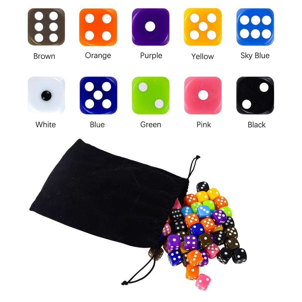6 Sided Dice Set,50 Pieces 16mm/0.62in Opaque Acrylic Game Dice For Board Games, Dice Games, With Free A Velvet Pouch, 10 Colors