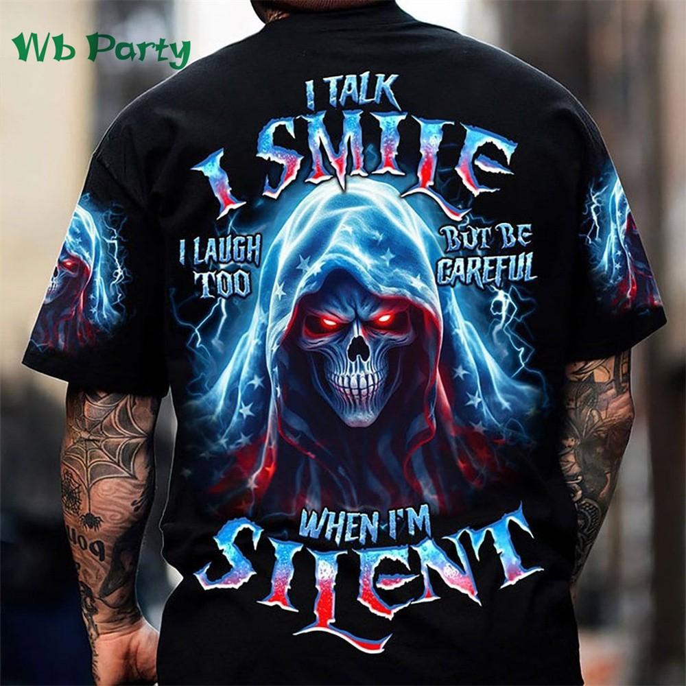 2025 New Men's Summer Gothic Letter and Skull Print Comfortable and Breathable Round Neck T-shirt Outdoor High Street Clothing